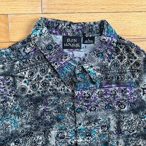 VTG 90s Bon Homme Abstract Print AOP Rayon Button Shirt Funky Loud Colorful